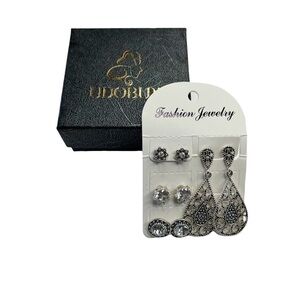 New Silver Tone 4 Pair Pierced Earring Set Rhinestone Stud & Dangle